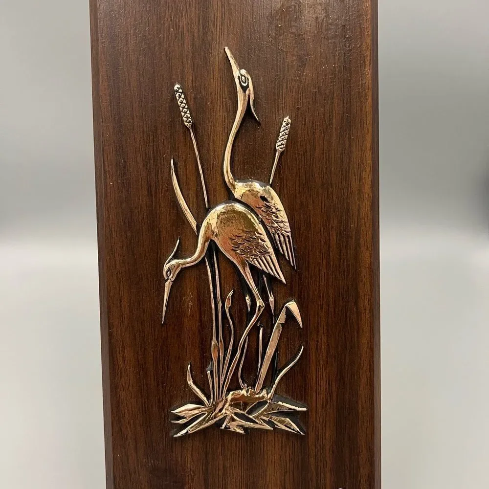 Vintage Wood Plaque with Brass Herons 60s mid century - Picture 4 of 5